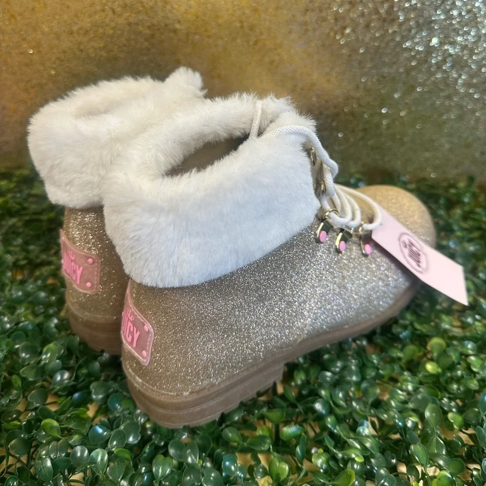 Juicy Couture Gold Glitter Kids Boots with White Fur